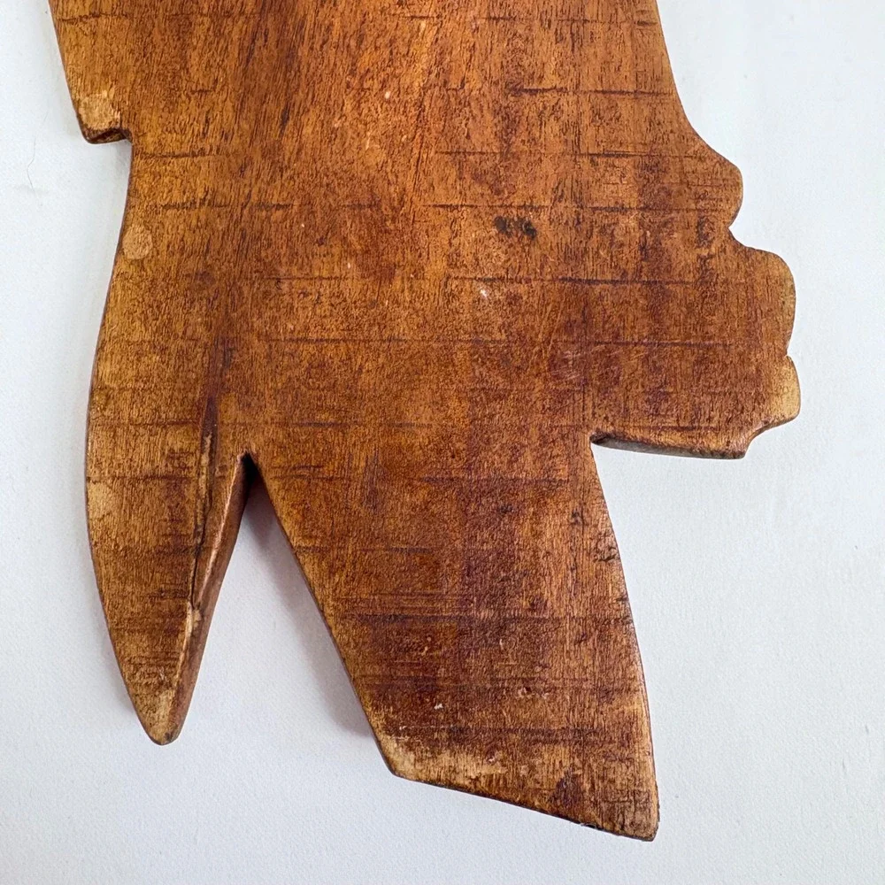 Vintage 70's Hand Carved Wood Wall Art Brown Pair Face Fish Tribal Folk Art MCM